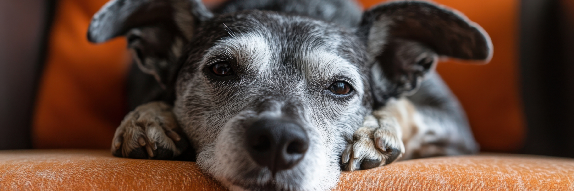 Senior dog with gray fur resting on an orange cushion, symbolizing the need for gentle, stress-free grooming routines.